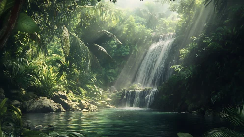 Radiant tiered rainforest cascade with volumetric light shafts.