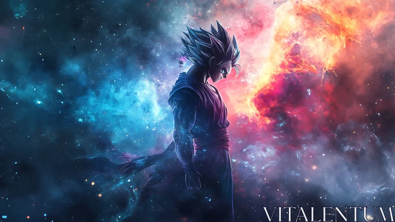 Celestial anime warrior silhouetted between fire and nebulae