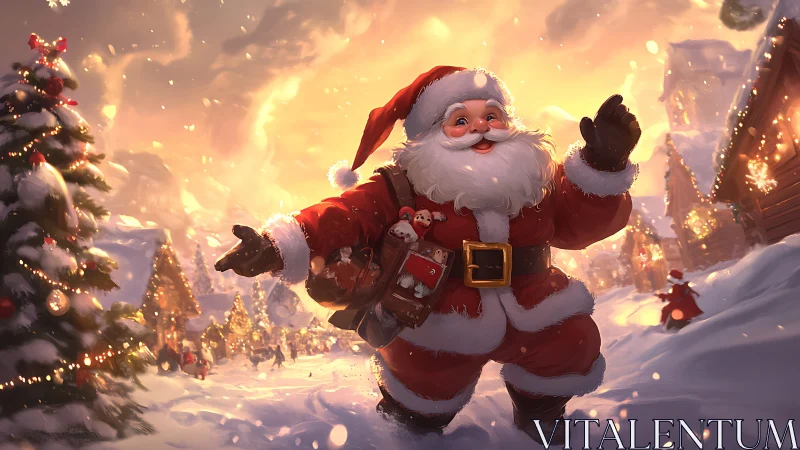 Joyful Santa strolls through a glowing snowy Christmas village