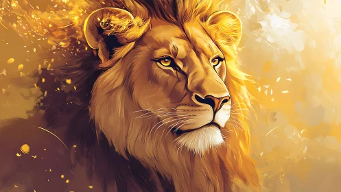 Majestic golden lion emerges from luminous abstract haze.