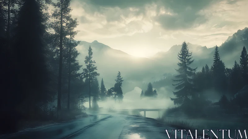Misty forest road at dawn beside calm mountain river.