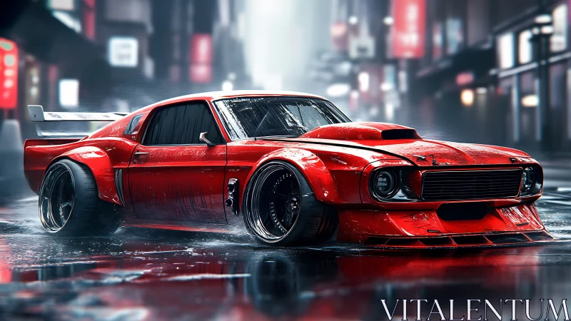 Red widebody muscle car on neon soaked city street.