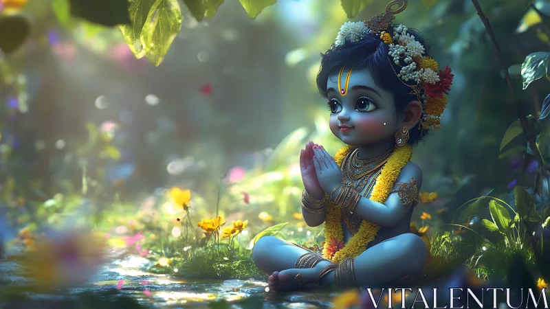 Divine child in forest glade with golden garlands praying.