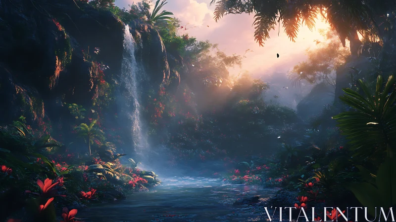 Luminous rainforest waterfall at dawn with mist and flora