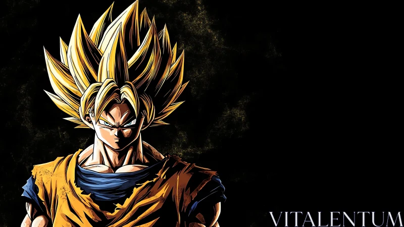 Solar-haired warrior blazes against a storm-dark void.