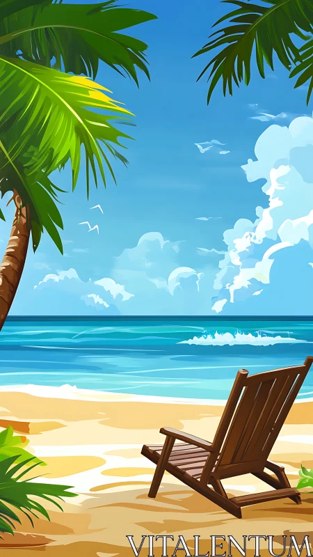 Sunny seaside escape with a cozy chair by gentle waves.