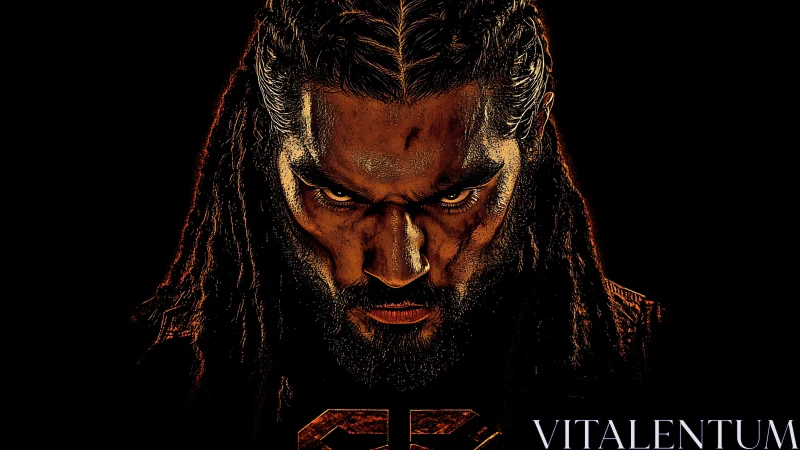 Intense warrior portrait glows in dramatic ember light.