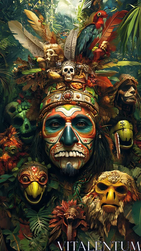 Jungle shaman portrait with tribal masks and feathers.