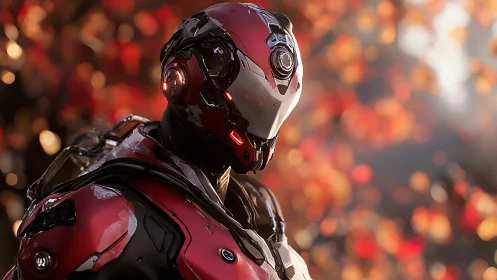 Humanoid combat exosuit stands in shallow depth of field scene