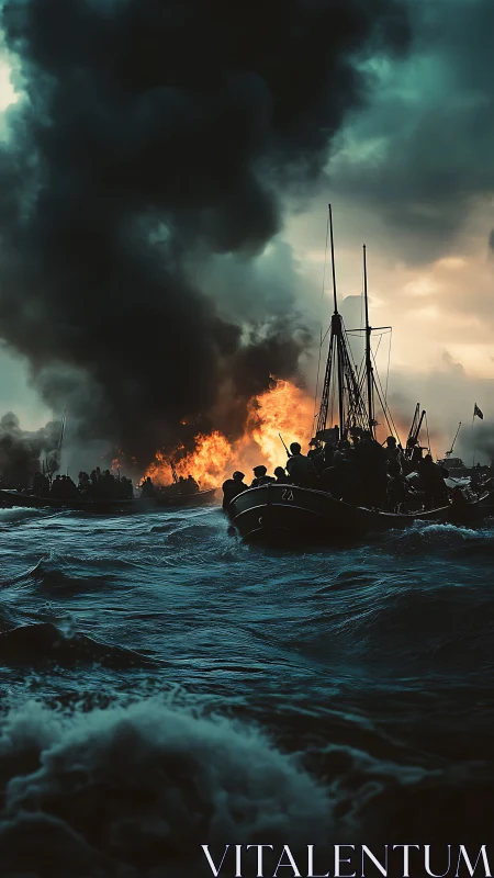 Sailing vessel evacuation amid catastrophic harbor explosion and fire