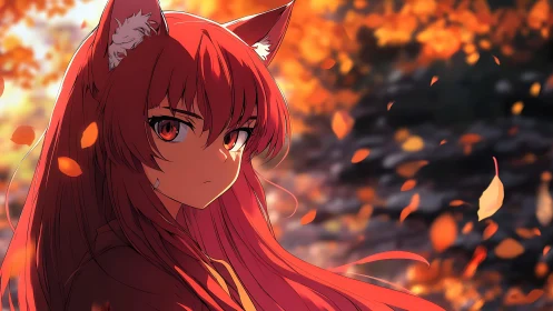 Fox-eared girl in glowing autumn breeze of falling leaves.