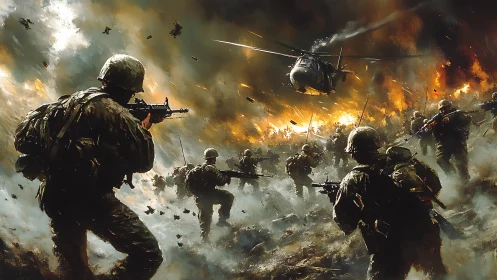 Soldiers advance under helicopter support in burning battlefield