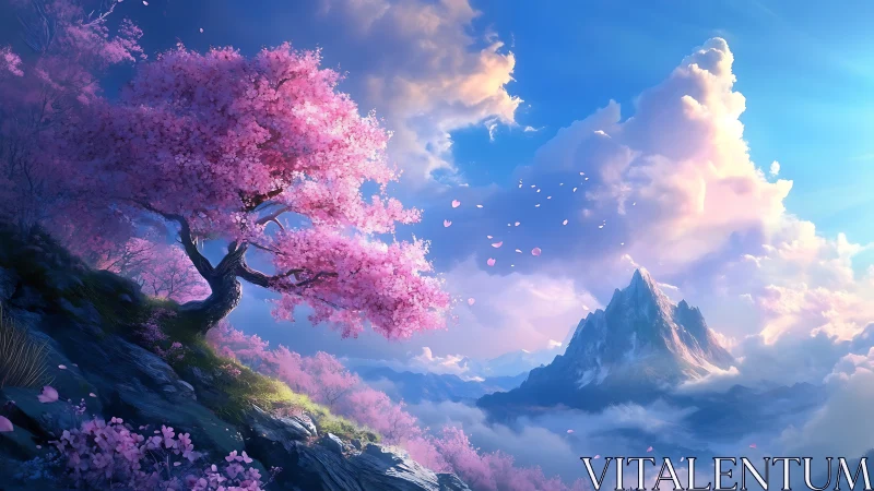 Luminescent cherry ridge above stratified cloud mountainscape.