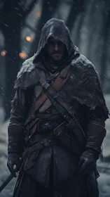 Hooded wanderer crossing a silent winter forest in snow.