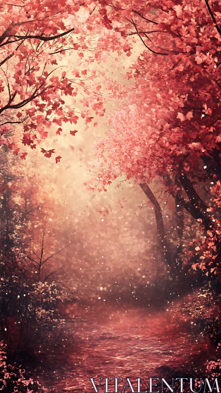 Enchanted Autumn Path Glows with Magical Pink Light
