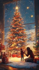 Digital painting of mother and child by illuminated Christmas tree.