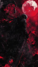 Solitary sword bearer under large red lunar backdrop.