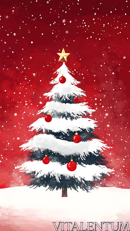 Snow-covered fir with red baubles on scarlet winter sky