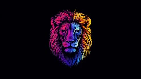Vibrant multicolor lion head illustration on black background.