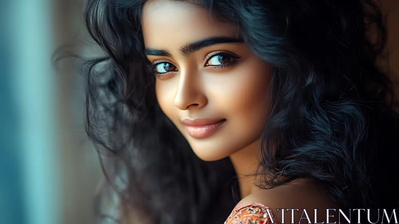 Young woman portrait with soft lighting and curly hair.