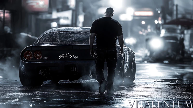 Night street driver strolling toward a waiting muscle car.