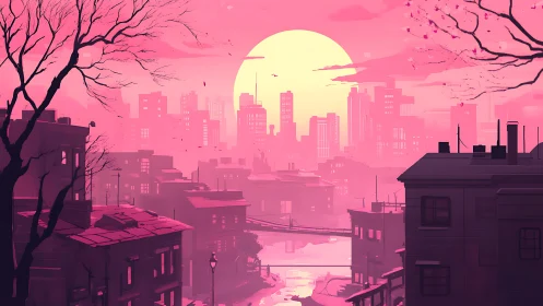 Pink urban sunset over river and silhouetted city skyline.