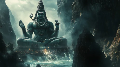 Colossal Shiva deity amid storm-lashed canyon megastructure.