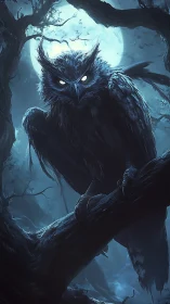 Moonlit demon owl glares from twisted forest shadows.