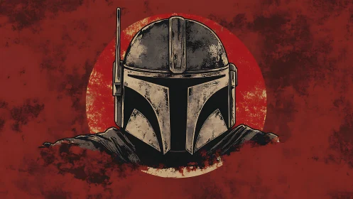 Stoic armored wanderer against a bold crimson sun.