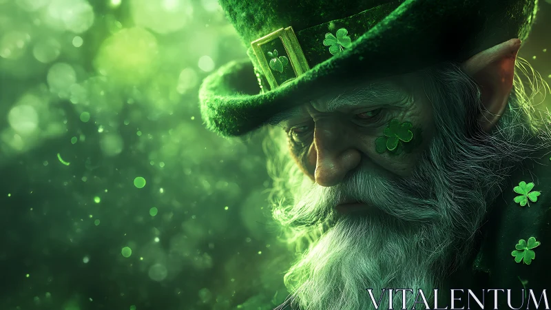 Thoughtful leprechaun gazes through glowing emerald mist
