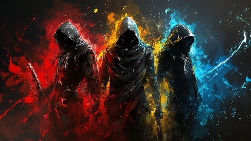 Elemental rogues ignite the dark in red, gold, and blue.