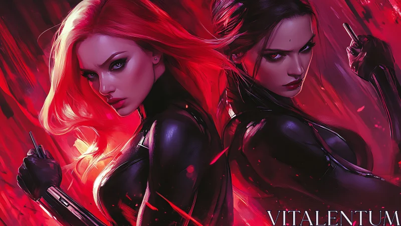 Crimson twin assassins ignite a storm of neon steel and flame.