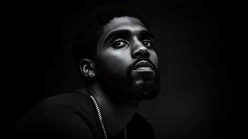 Low key monochrome portrait with dramatic Rembrandt lighting.