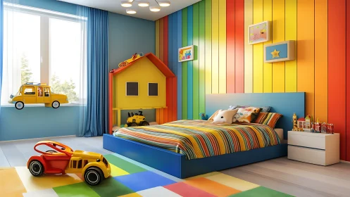 Color-blocked children’s bedroom with striped accent wall design.