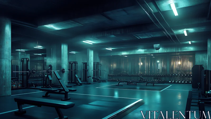 Calm midnight gym sanctuary glowing with cool blue light.