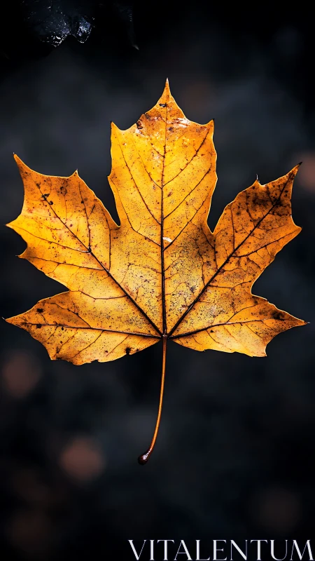 Single yellow maple leaf on dark blurred background. Period.