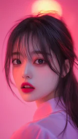 Neon-lit portrait captures dreamy gaze in soft pink glow.