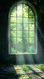 Sunlit arched window framing overgrown forest view.