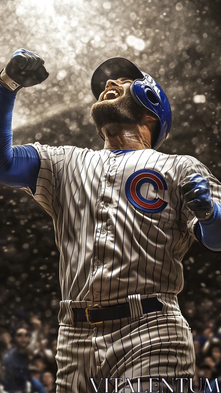 Triumphant baseball slugger in striped home uniform celebrating