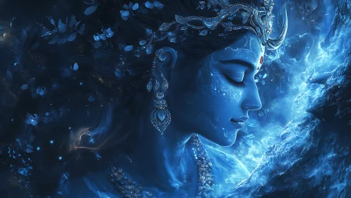 Divine blue profile in luminous celestial ice aura.