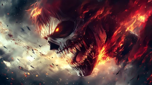 Skull of wildfire devours the storm-churned battlefield sky