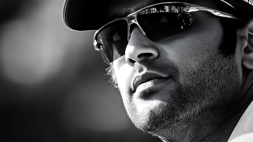 Monochrome close-up male portrait with reflective sunglasses.