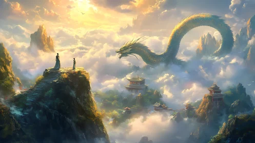 Sky temple cliffs with soaring celestial dragon encounter.