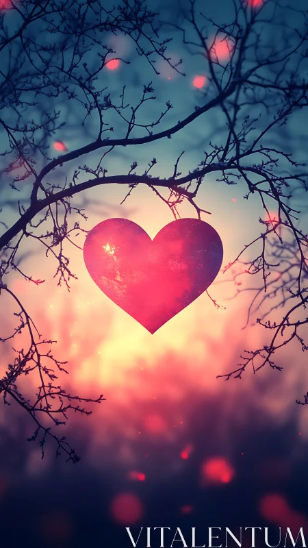 Luminous Heart Suspended Among Bare Branches in Ethereal Twilight
