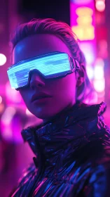 Neon visor frames chrome-clad figure in electric city glow.