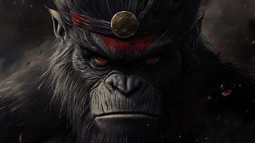 Fierce warrior ape with burning red gaze in smoky dusk.