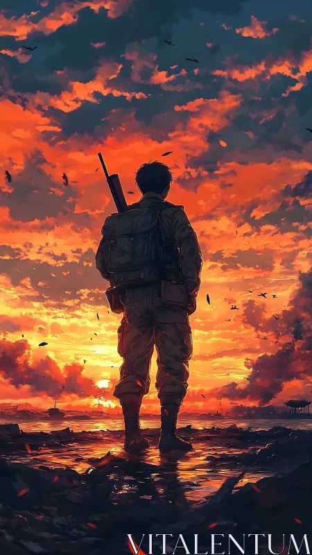 Backlit combat silhouette against incendiary cloudscape horizon.