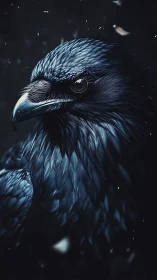 Close-up digital render of dark-feathered corvid profile.