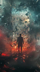 Silhouetted figure walks through shattering fiery gateway