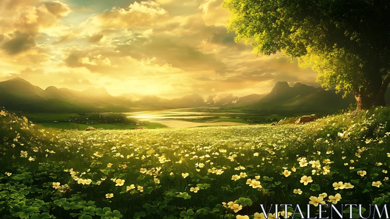 Radiant riverine valley under volumetric golden-hour sky.